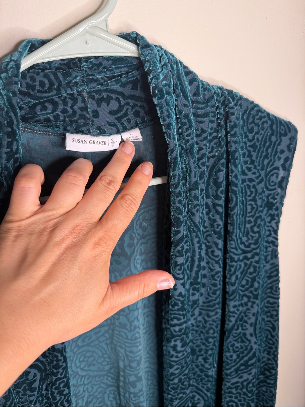 Susan Graver Teal Patterned Open Front Cardigan - Picture 3 of 4